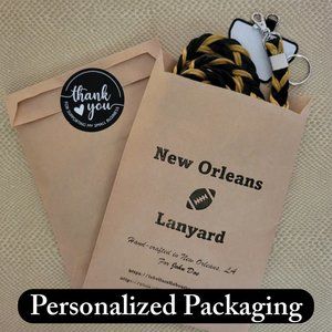 Free personalized packaging for lanyards and wristlets.